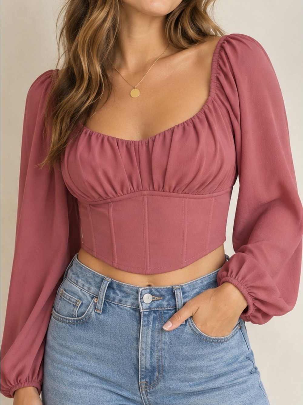 Altar’d State Mauve Corset Crop Top Tie Back Balloon Sleeve Medium